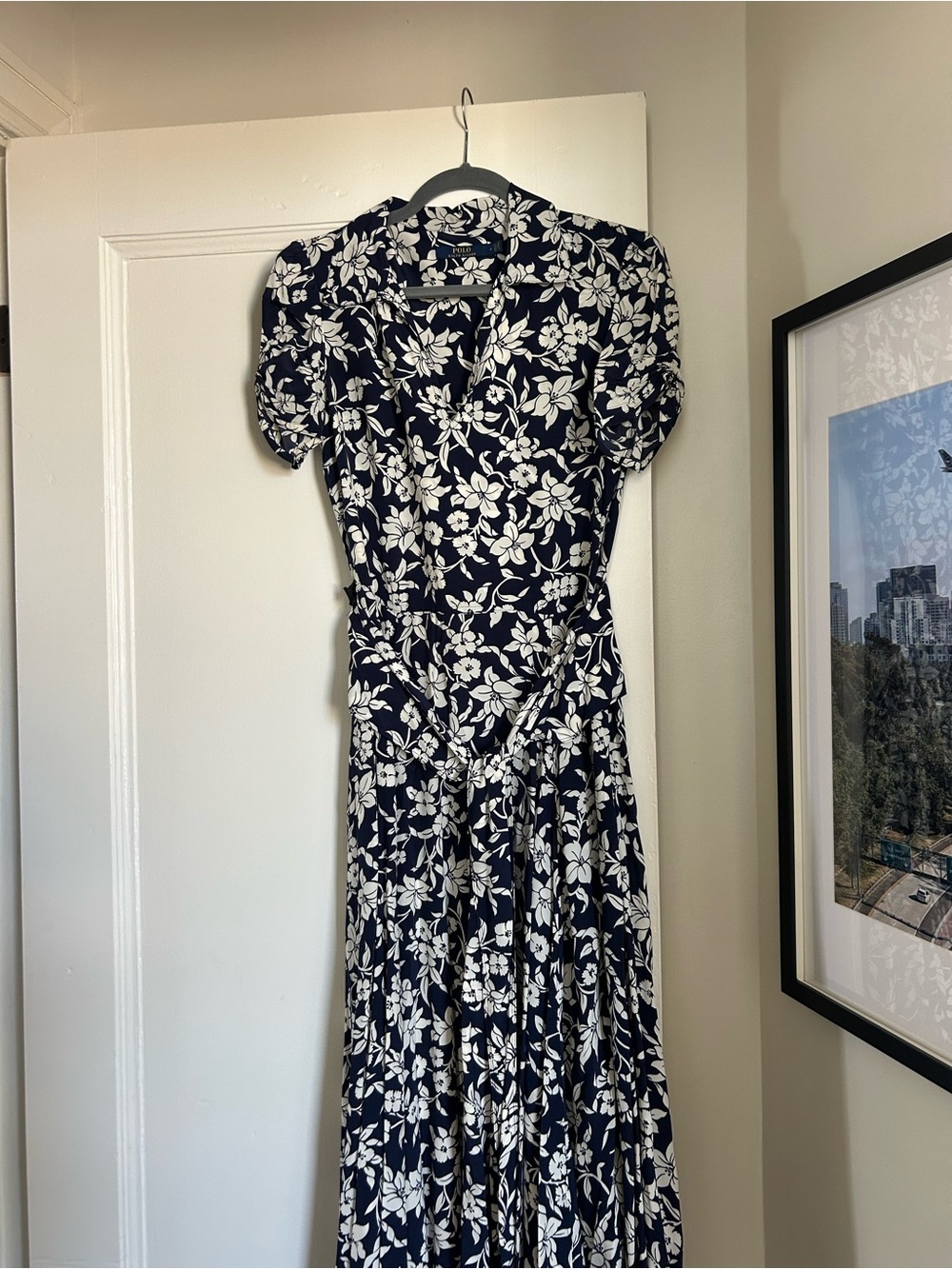 Polo Ralph Lauren Navy Floral Viscose Maxi Dress Puff Sleeve Tie Waist